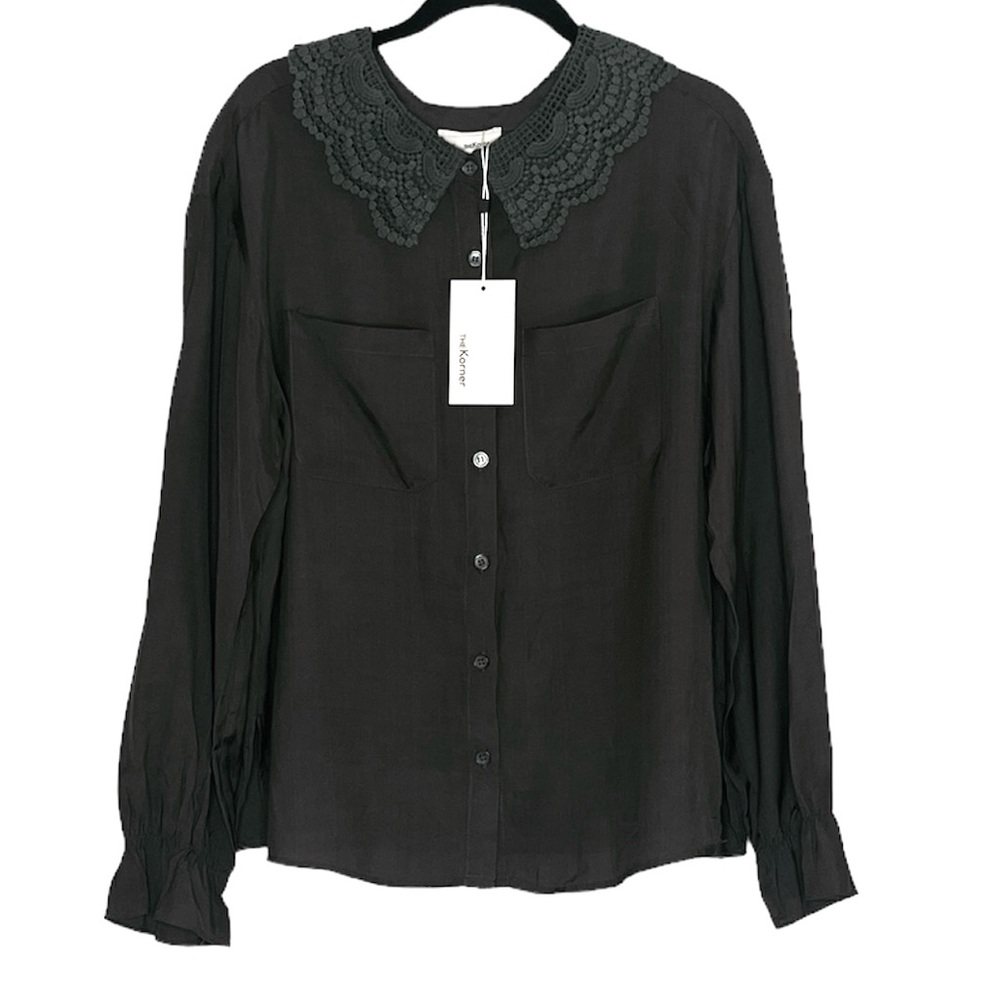the Korner Olive Green Shirt Crochet Collar Top Blouse Office Button Up SZ Small